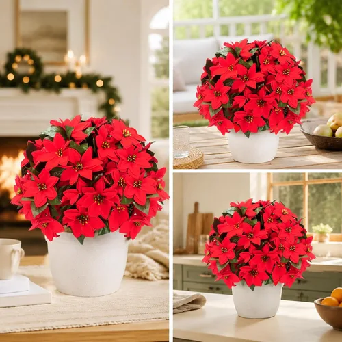 Vista 5 de Árbol de bola de pascua artificial de 26 pulgadas, paquete de 2, resistente Poinsetia