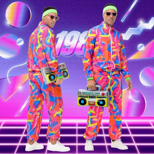Vista 4 de Traje de los años 80 para hombres y mujeres, traje retro neón de los años 90, traje de entrenamiento para fiestas de hip hop, ropa deportiva