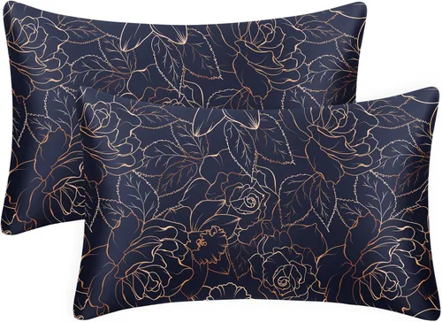 Vista 13 de EXQ Home - Funda de almohada de satén para cuidar el cabello y la piel, tamaño estándar, de seda con estampado negro, juego de 2 fundas con cierre
