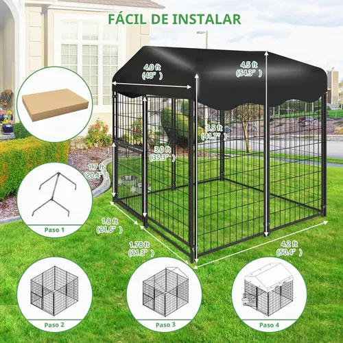Vista 4 de Perrera para Perros al Aire Libre 4x4.2x4.5 pies, Perrera Exterior para Perros con Techo, Perreras Grandes para Perros con Puerta Giratoria y 2