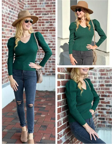 Vista 4 de Zeagoo Suéteres de cuello en V para mujer, estilo casual, manga abombada, color liso, suave, ajustado