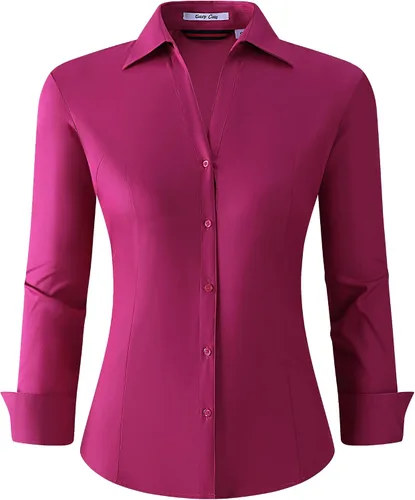Vista 26 de Esabel.C Camisas de manga larga con botones para mujer, ajuste regular, blusa de trabajo elástica
