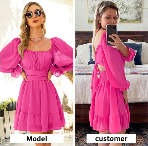 Vista 3 de Exlura - Vestido de manga larga para mujer con cuello cuadrado holanes cintura elástica acampanado amarre posterior estilo casual y corto