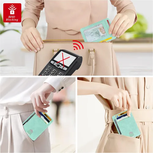 Vista 2 de CONISY Portatarjetas delgado para mujer, bolsillo frontal delgado de cuero con bloqueo RFID (verde menta)
