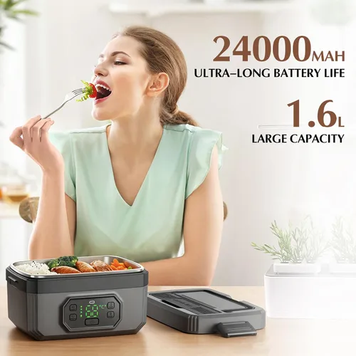 Vista 7 de Fiambrera eléctrica para adultos con temporizador – 1.6L eléctrica inalámbrica 24000mAh alimentada por batería calentada, calefacción de 5 lados