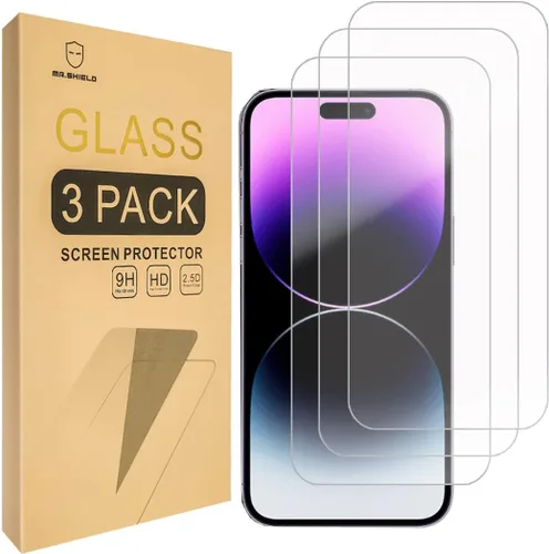 Vista 2 de Mr.Shield [Paquete de 3] Protector de pantalla para iPhone 14 Pro Max de 6.7 pulgadas [vidrio templado] [vidrio japonés con dureza 9H] protector