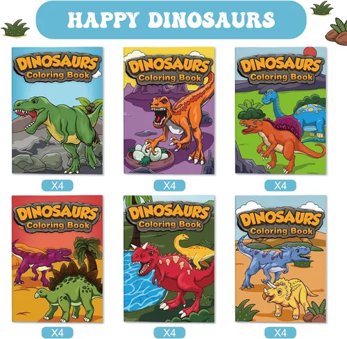Vista 2 de Nezyo Paquete de 24 mini libros para colorear de dinosaurios a granel, pequeños folletos de actividades con 84 diseños, 14 páginas cada uno