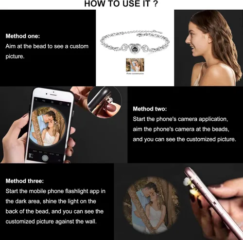 Vista 3 de Jewelstruck Pulsera con imagen en el interior, pulsera personalizada de proyección de fotos, pulsera conmemorativa personalizada para mujeres