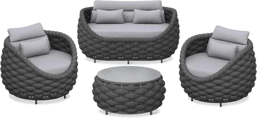 Vista 11 de Juego de muebles de mimbre de aluminio, 4 piezas, color gris Gris oscuro