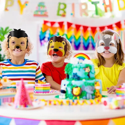 Vista 6 de Blulu 12 máscaras de animales para niños, amigos del bosque, máscaras de dibujos animados, animales del bosque de la selva, fiesta temática