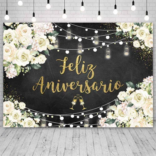 Vista 2 de AIBIIN Telón de fondo de feliz aniversario de 8 x 6 pies con temática mexicana, decoraciones de feliz aniversario, flores blancas, fondo