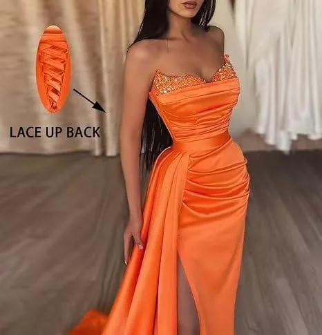 Vista 3 de Vestidos de baile de graduación de sirena con lentejuelas y cuentas sexy, vestidos de noche formales largos de satén con abertura