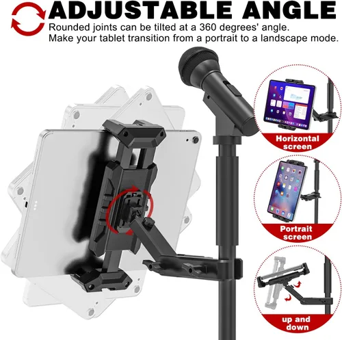 Vista 3 de Soporte para iPad para soporte de micrófono, soporte de música para tableta con abrazadera en C para soporte de partituras, soporte de teléfono