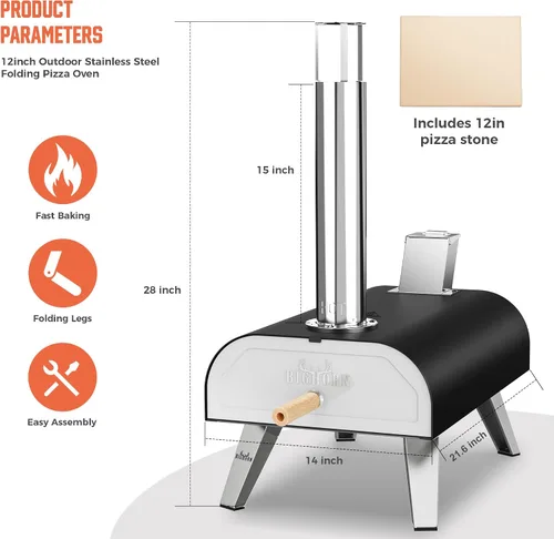 Vista 4 de BIG HORN OUTDOORS 12" Horno de piedra para pizza con leña, 475°C Horno para pizza al aire libre de acero inoxidable, portátil para uso en fiestas