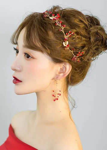 Vista 3 de Missgrace Vid de pelo de hoja roja de cristal, aretes y diadema para boda vintage, cumpleaños, fiesta, Halloween, joyería para el cabello para mujer