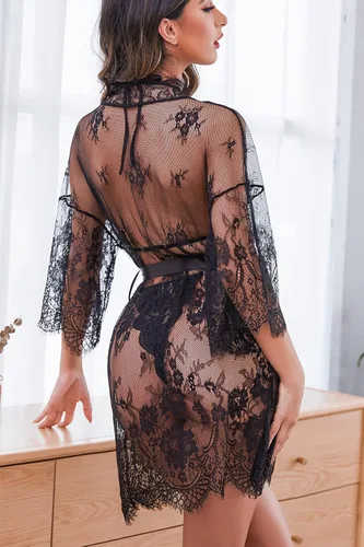 Vista 4 de Avidlove Conjunto de lencería sexy para mujer, 2 piezas, bata de kimono de encaje con lencería de encaje