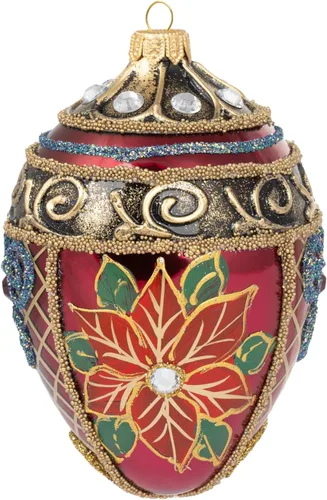 Vista 12 de Fabergé Huevo - Adorno para árbol de Navidad de vidrio soplado de 5 pulgadas, diseño de flor de pascua, color borgoña mate, 5 pulgadas