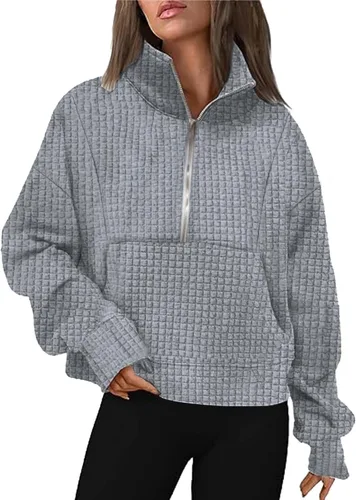 Vista 2 de SHAOBGE Sudaderas con capucha para mujer, con media cremallera, de vellón, con cremallera de un cuarto, trajes de otoño, sudaderas con capucha