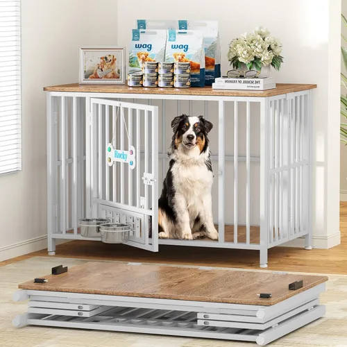 Vista 20 de Easycom 104 cm mueble de jaula para perros plegable, sin ensamblaje perrera decorativa para interior, jaulas para perros grandes (15.9-27.2 kg)