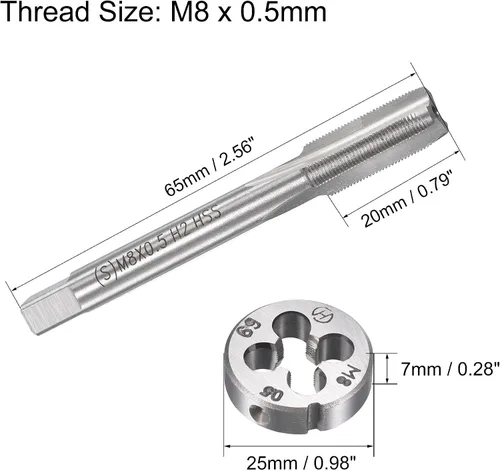 Vista 2 de uxcell M8 x 0.020 in Juego de llaves métricas y troqueles, rosca de máquina con troquel de roscado redondo, kit de grifo y troquelado