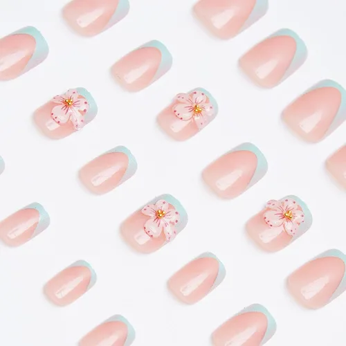 Vista 4 de Uñas postizas a presión con punta francesa verde, uñas postizas cuadradas cortas con diseños de cuentas de flores en 3D, uñas de verano, uñas Verde