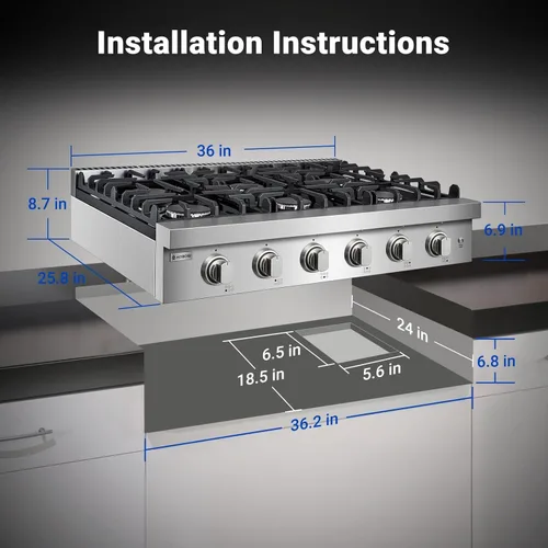 Vista 10 de AAOBOSI Placa de cocina de gas de 36 pulgadas con 6 quemadores, estufa de acero inoxidable integrada de 78,000 BTU, estufa comercial independiente