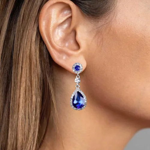 Vista 5 de Aretes colgantes de cristal de zafiro vintage, aretes de gota de zafiro azul, aretes de zafiro con lágrima, aretes colgantes de plata con circonita