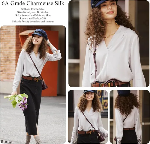 Vista 2 de Womens Mulberry Silk Blouse Elegant Tops Long Sleeve V-Neck Blouses Fall Fashion Summer Luxury Button Down Shirts