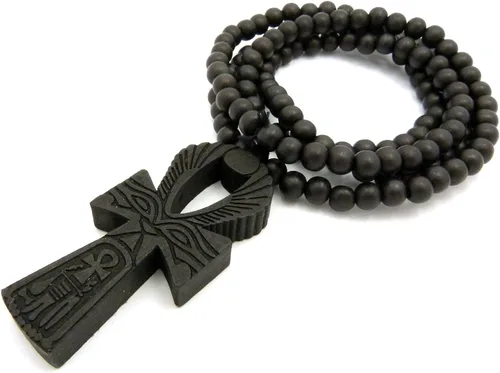 Vista 3 de Grabado Egipcio Ankh Colgante 8mm 36" Bead Collar de madera (3colores disponibles)