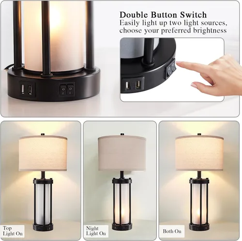 Vista 3 de Lámparas de mesa modernas para sala de estar, lámparas industriales de mesita con 2 puertos USB, lámpara rústica de mesita con luz nocturna