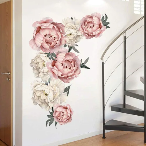 Vista 3 de 19 calcomanías grandes y medianas de flores de peonía para pared de fondo de pared en sala de estar, guardería, dormitorio de niños, oficina