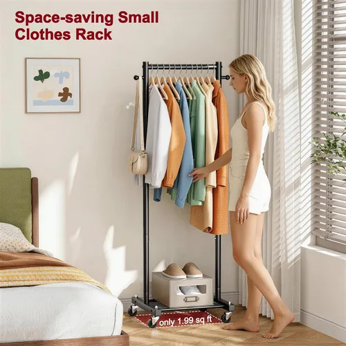 Vista 7 de SLEEPING LAMB Percheros pequeños para colgar ropa, perchero de ropa rodante con estantes, perchero de metal de 60 pulgadas con ruedas, estante