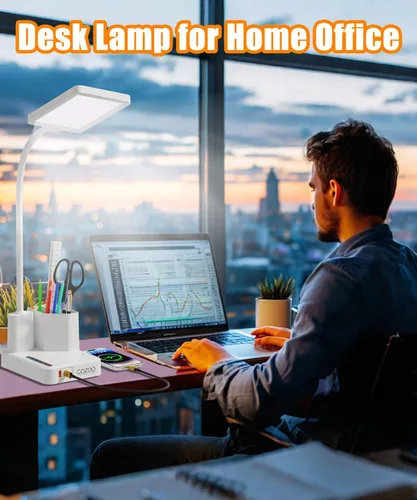 Vista 3 de Lámpara de Escritorio, Lámparas de Escritorio LED para Oficina en Casa con 2 Puertos de Carga USB/Toma de Corriente/Organizador, Lámpara