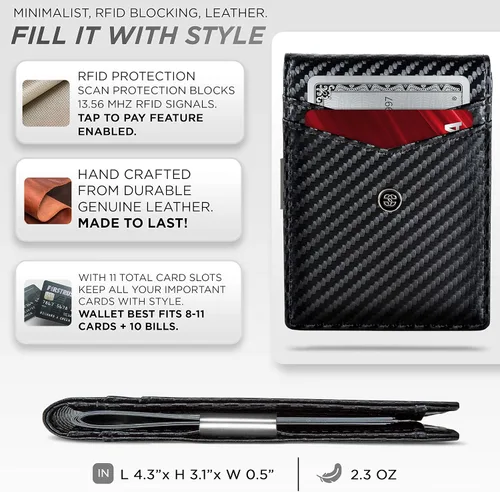 Vista 11 de Suavell Billeteras delgadas de cuero para hombres. Cartera con clip para dinero. Cartera de perfil bajo RFID Cartera minimalista