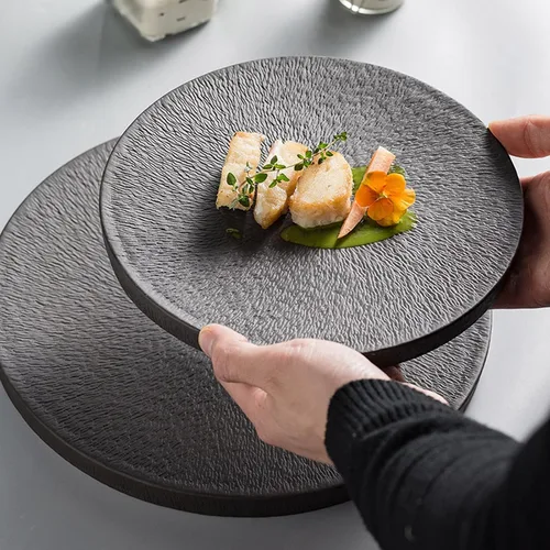 Vista 7 de Plato de servicio creativo para carne, plato de comida occidental, plato de comedor para el hogar, plato comercial para el hogar, restaurante Negro