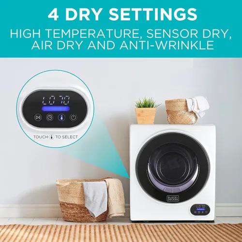 Vista 3 de BLACK+DECKER Secadora compacta de 1.5 pies cúbicos, capacidad de 5.5 libras, máquina de secado eléctrica ventilada de 850W 120V con tambor de acero