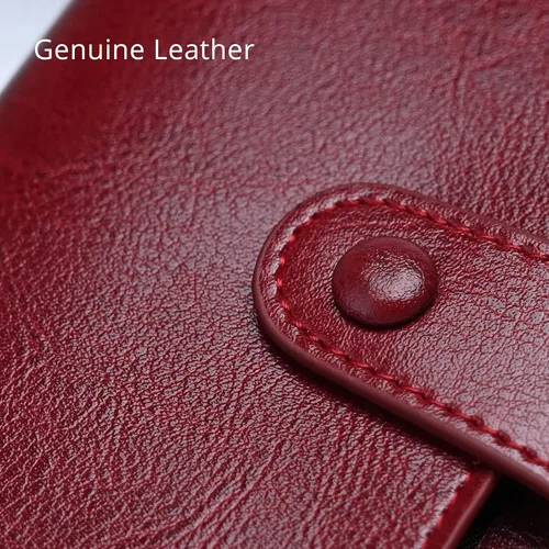 Vista 6 de Carteras pequeñas para mujer, con bloqueo RFID, de cuero, con cremallera, bolsillo para monedas, tarjetero, con ventana de identificación, Rojo vino