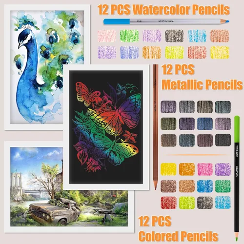Vista 3 de Drawdart Art Supplies - Juego de lápices de dibujo, 76 unidades, kit de dibujo profesional con cuaderno de bocetos y bloc de acuarela, incluye
