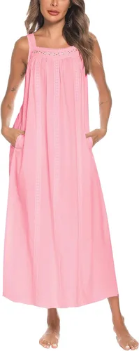 Vista 16 de YOZLY Camisones de algodón para mujer con bordado, sin mangas, con bolsillos S-XXXL