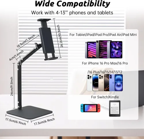 Vista 4 de UTEBIT Soporte para iPad para escritorio, giratorio de 360°, soporte de teléfono ajustable de 9.5 a 16.5 pulgadas de altura para escritorio, Negro