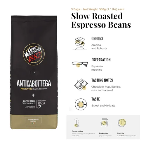Vista 2 de Caffe Vergnano 1882 Antica Bottega Espresso de grano entero arábica tostado medio – Granos de café italianos chocolate, nueces y notas de caramelo