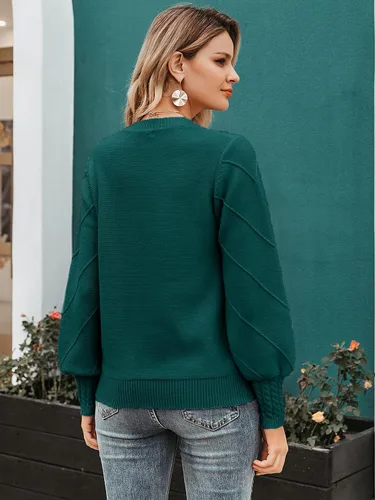 Vista 3 de Miessial Women's Fall Crew Neck Pullover Sweater Cute Long Puff Sleeve Chunky Knit Sweater Pompom Jumper Top