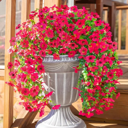 Vista 12 de Flores artificiales colgantes de imitación para decoración exterior de otoño, 2 piezas de violetas de seda falsas con eucalipto, resistentes a