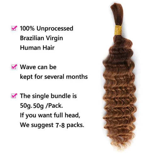 Vista 4 de Cabello humano trenzado para trenzas bohemias, rubio degradado T4/30, onda profunda a granel, micro trenzado, húmedo y ondulado, 18 pulgadas