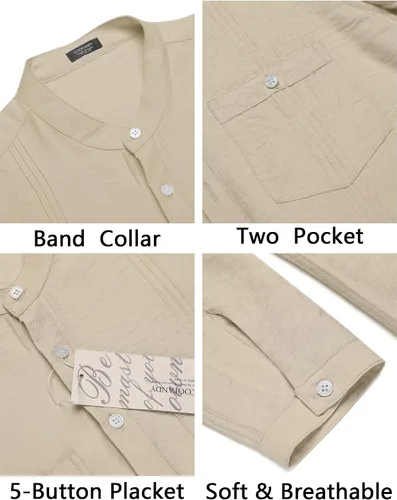 Vista 5 de COOFANDY Camisa Henley de lino para hombre, de manga larga, casual, hippie, de algodón, para playa