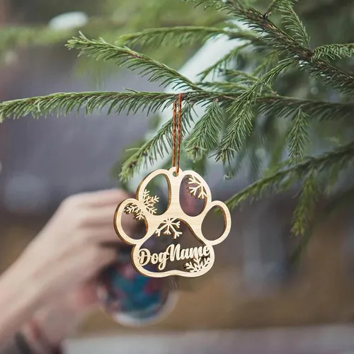 Vista 4 de Adorno de Navidad de pata de perro, adornos personalizados, copos de nieve cortados con láser para árbol de Navidad, adorno de pata de perro