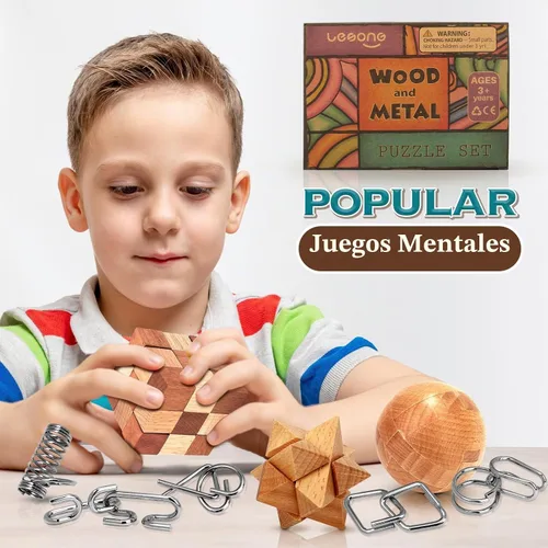 Vista 5 de Rompecabezas de metal de madera, regalos de Pascua para niños y adolescentes, rompecabezas de cerebro desenredado de eslabones de hierro, juego