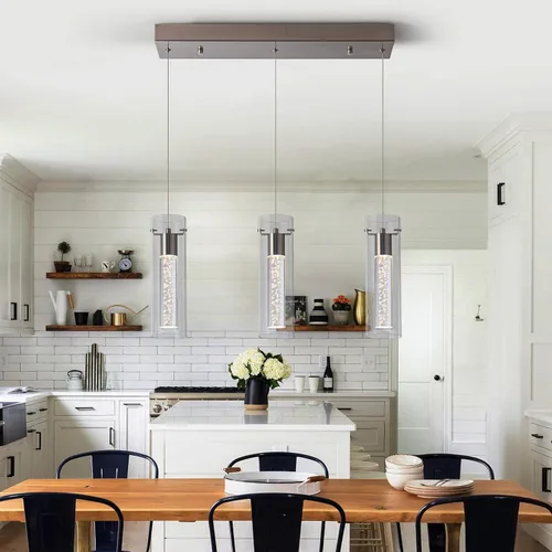 Vista 4 de Luces colgantes para isla de cocina con control remoto, níquel cepillado regulable y cilindro transparente, luces colgantes de cocina de altura