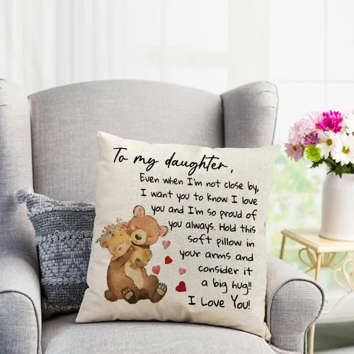 Vista 3 de RABUSOFA Funda de almohada de 18 x 18 pulgadas con texto en inglés "To My Daughter", funda de cojín de cumpleaños de mamá papá