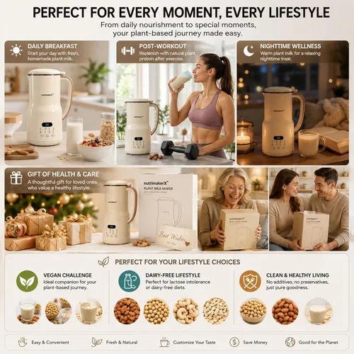 Vista 5 de Licuadora automática para leche de nueces 8 en 1, 40.6 oz, leches caseras de almendra, avena, coco, soja, a base de plantas y sin lácteos, máquina